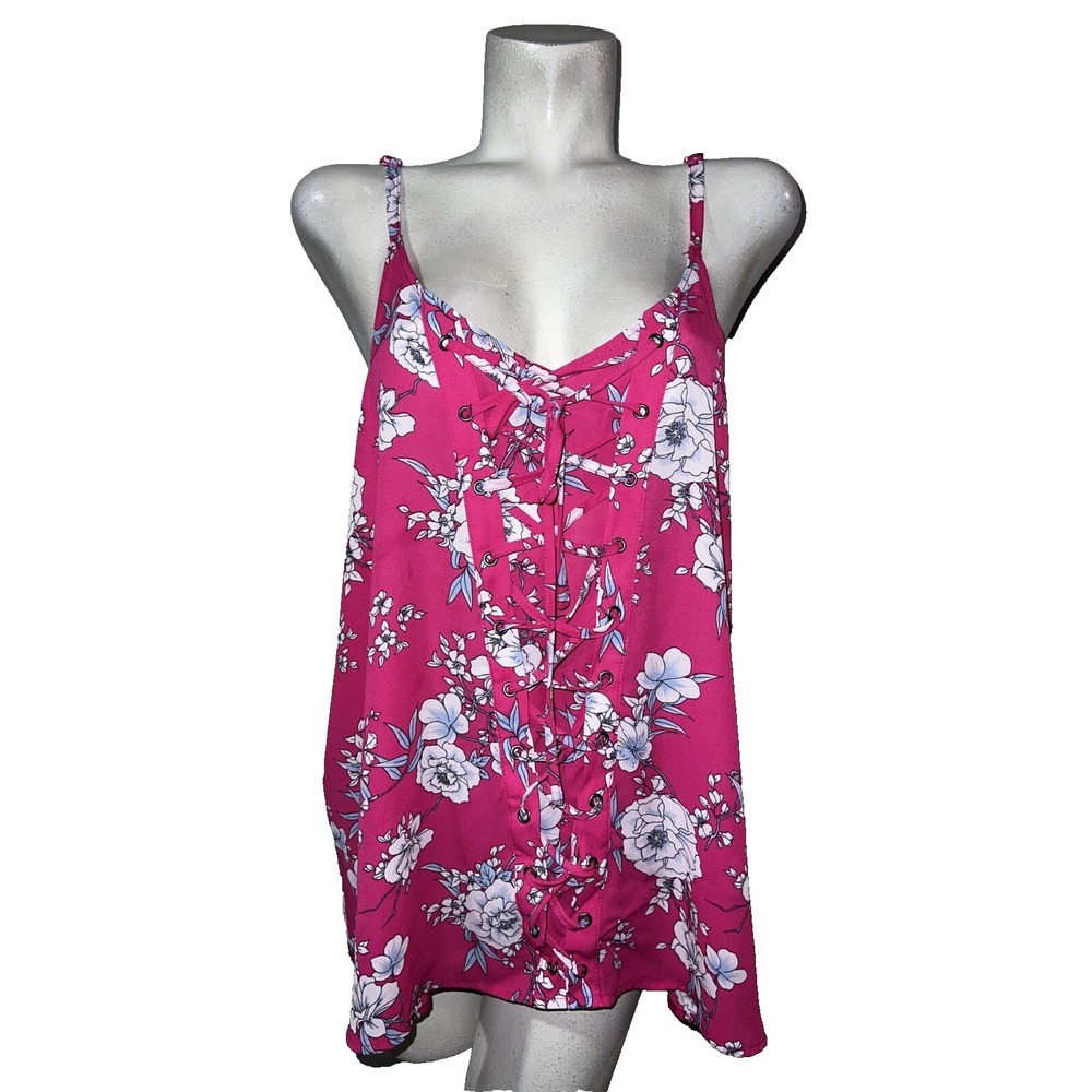 Torrid Pink Floral Lace Up Front Cami Tank Top Womens Size 1 1X Boho Grommet